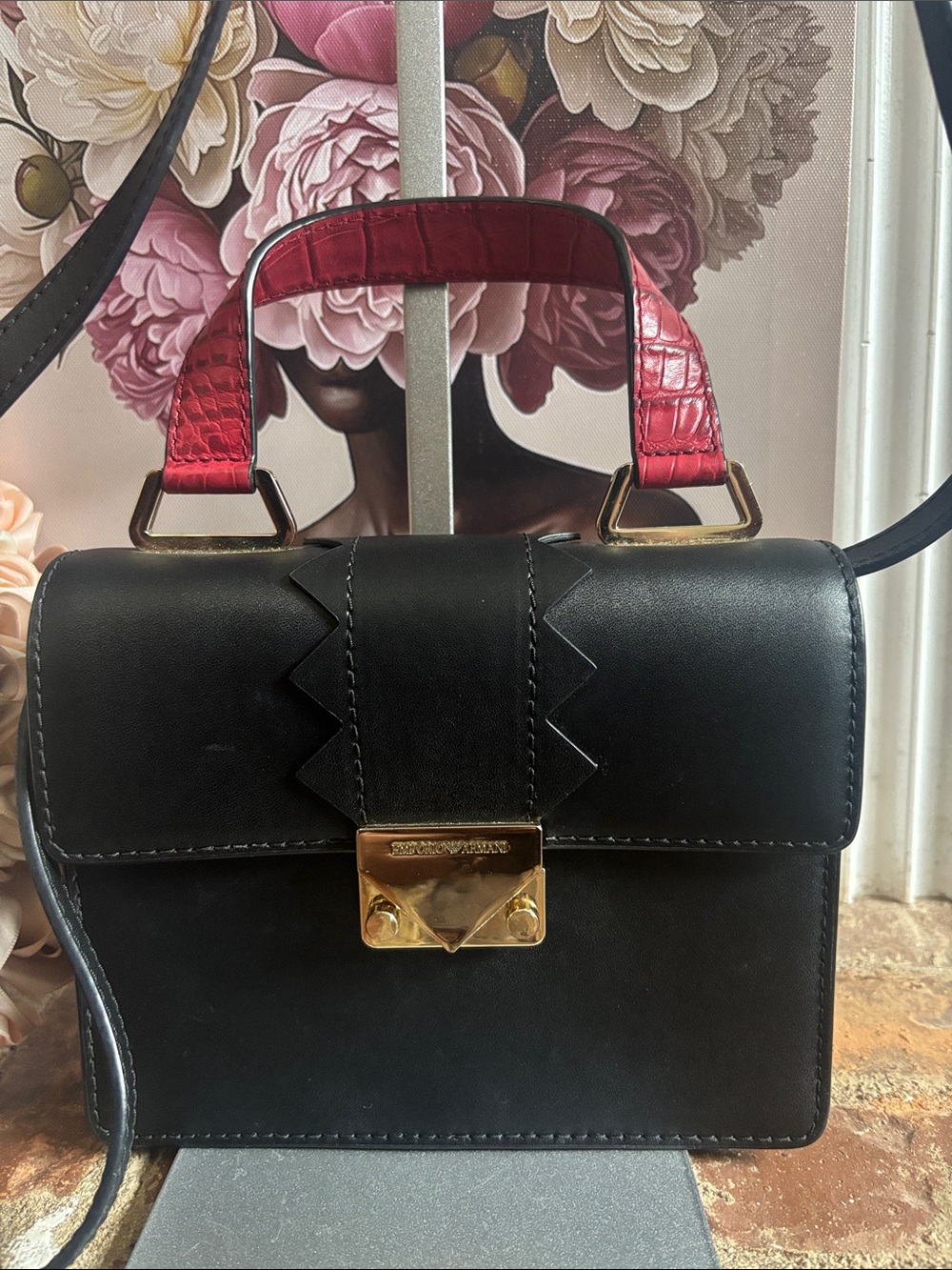 Emporio Armani Black and Red Leather Flap Top Handle Bag